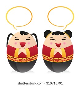 Chinese doll boy and girl said the greeting words.