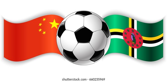 Chinese and Dominican wavy flags with football ball. China combined with Dominica isolated on white. Football match or international sport competition concept.