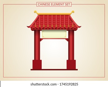 Chinese door and entrance with red roof in papercut style. Suitable for graphic, banner, card, flyer and many purpose