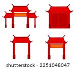 Chinese door entrance.Traditional gate building with red roof.Lunar new year.Temple concept.Pagoda building.Japanese house.Chinatown.Sign, symbol, icon or logo isolated.Cartoon vector illustration.