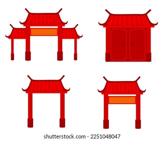 Chinese door entrance.Traditional gate building with red roof.Lunar new year.Temple concept.Pagoda building.Japanese house.Chinatown.Sign, symbol, icon or logo isolated.Cartoon vector illustration.