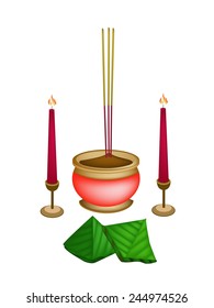 Chinese Dough Pyramid Dessert with Joss Sticks and Red Burning Candles for Pay Respect to God in Chinese New Year. 