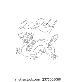 Chinese dragon 2024 lettering eastern calendar new year continuous line drawing, calligraphy, isolated vector illustration, tattoo, print, logo design, silhouette single line on white background. 
