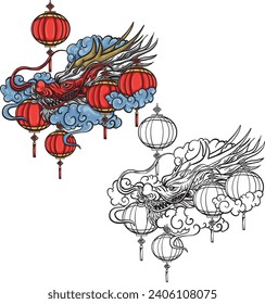 Chinese dragon 2024 vector and black sketch is usually used for graphic and element design purposes