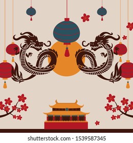 Chinese dragon art poster, vector illustration. Traditional oriental symbol. China culture festival invitation. Asian dragon tattoo in tribal style. Decorative cover for Chinese art brochure