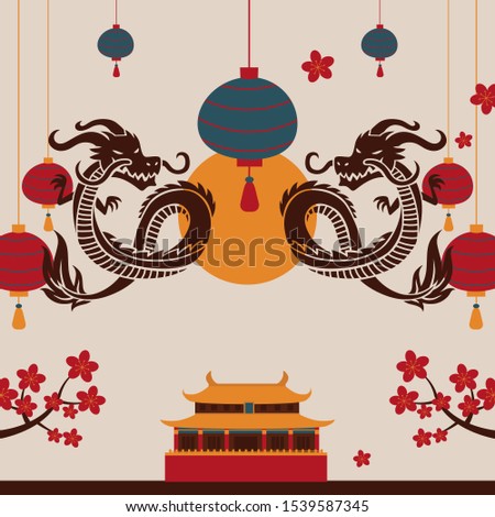 Chinese dragon art poster, vector illustration. Traditional oriental symbol. China culture festival invitation. Asian dragon tattoo in tribal style. Decorative cover for Chinese art brochure