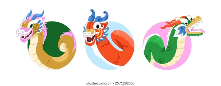 Chinese dragon avatars set. Traditional Asian lunar holiday mascot heads peeking from behind circle hole. New year myth animals from China. Flat vector illustration isolated on white background