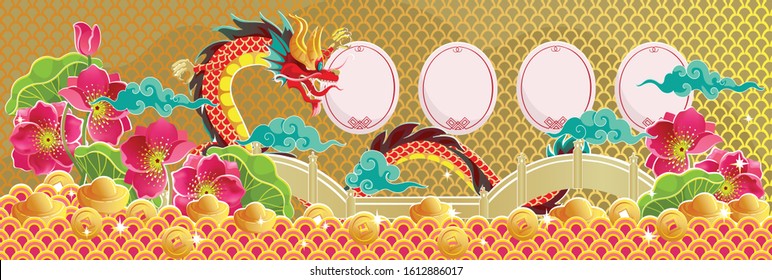 Chinese dragon and background. Chinese new year geeting card. Frame and pattern in ancient chinese style. Golden pool and lotus flower. Blank paper for filling text. vector illustration.