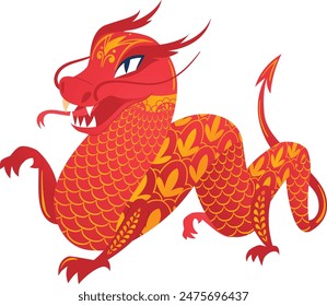 Chinese dragon beast displaying fierce expression, red yellow scales intricately patterned, sharp claws, white background. Myths legend creature symbolizing power strength, Eastern cultural