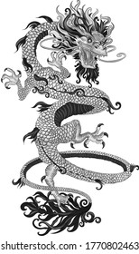 Chinese dragon black and white tattoo sketch vector illustration print