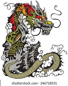 chinese dragon, black and white tattoo illustration 