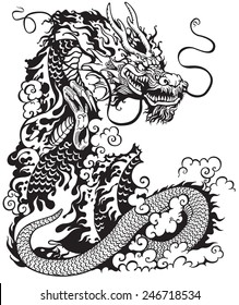 chinese dragon, black and white tattoo illustration 