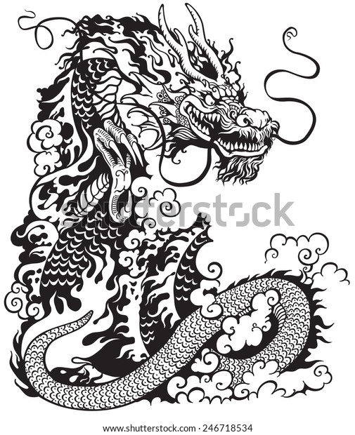 白黒のタトゥーイラスト 中国のドラゴン のベクター画像素材 ロイヤリティフリー