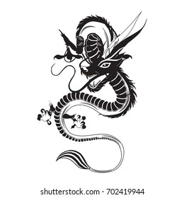 Chinese dragon black and white vector illustration. legendary creature of Chinese mythology, flat style design.