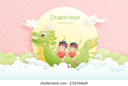 Chinese Dragon boat festival with boy paddle in river and rice dumplings, cute character design vector illustration.