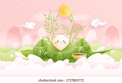 Chinese Dragon boat festival with boy paddle in river and rice dumplings, cute charactor design vector illustration.