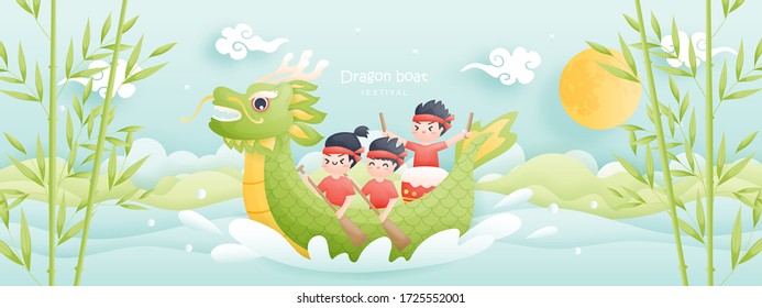 Chinese Dragon boat festival with boys paddle competition and dragon boat, cute character design vector illustration.