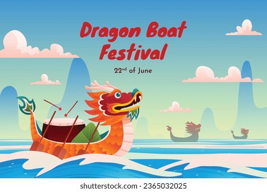 Chinese dragon boat festival celebration. Translation: Happy dragon boat festival background. Cartoon Vector illustration. Poster, Banner, Flyer, Greeting Card, Cover, Invitation. Happy Duanwu holiday