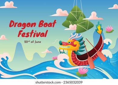 Chinese dragon boat festival celebration. Translation: Happy dragon boat festival background. Cartoon Vector illustration. Poster, Banner, Flyer, Greeting Card, Cover, Invitation. Happy Duanwu holiday