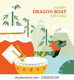 Chinese dragon boat festival celebration. Translation: Happy dragon boat festival background. Cartoon Vector illustration. Poster, Banner, Flyer, Greeting Card, Cover, Invitation. Happy Duanwu holiday