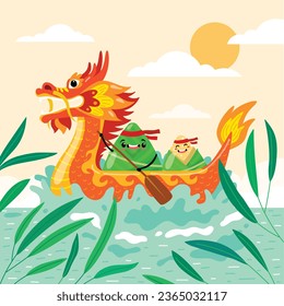 Chinese dragon boat festival celebration. Translation: Happy dragon boat festival background. Cartoon Vector illustration. Poster, Banner, Flyer, Greeting Card, Cover, Invitation. Happy Duanwu holiday