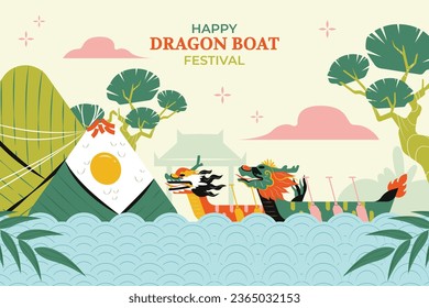 Chinese dragon boat festival celebration. Translation: Happy dragon boat festival background. Cartoon Vector illustration. Poster, Banner, Flyer, Greeting Card, Cover, Invitation. Happy Duanwu holiday