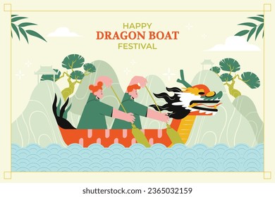 Chinese dragon boat festival celebration. Translation: Happy dragon boat festival background. Cartoon Vector illustration. Poster, Banner, Flyer, Greeting Card, Cover, Invitation. Happy Duanwu holiday