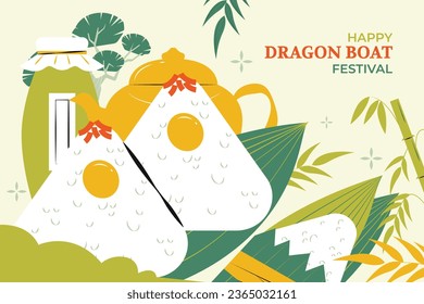 Chinese dragon boat festival celebration. Translation: Happy dragon boat festival background. Cartoon Vector illustration. Poster, Banner, Flyer, Greeting Card, Cover, Invitation. Happy Duanwu holiday