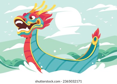 Chinese dragon boat festival celebration. Translation: Happy dragon boat festival background. Cartoon Vector illustration. Poster, Banner, Flyer, Greeting Card, Cover, Invitation. Happy Duanwu holiday