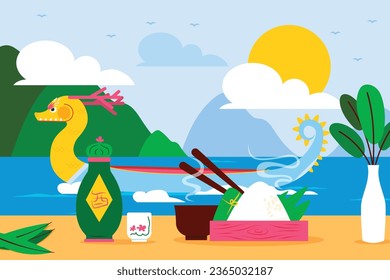 Chinese dragon boat festival celebration. Translation: Happy dragon boat festival background. Cartoon Vector illustration. Poster, Banner, Flyer, Greeting Card, Cover, Invitation. Happy Duanwu holiday