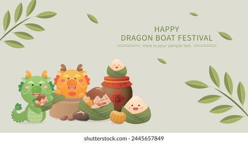 Chinese Dragon Boat Festival, cute and playful zongzi cartoon character, steamed glutinous rice, vector illustration, Chinese translation: wine