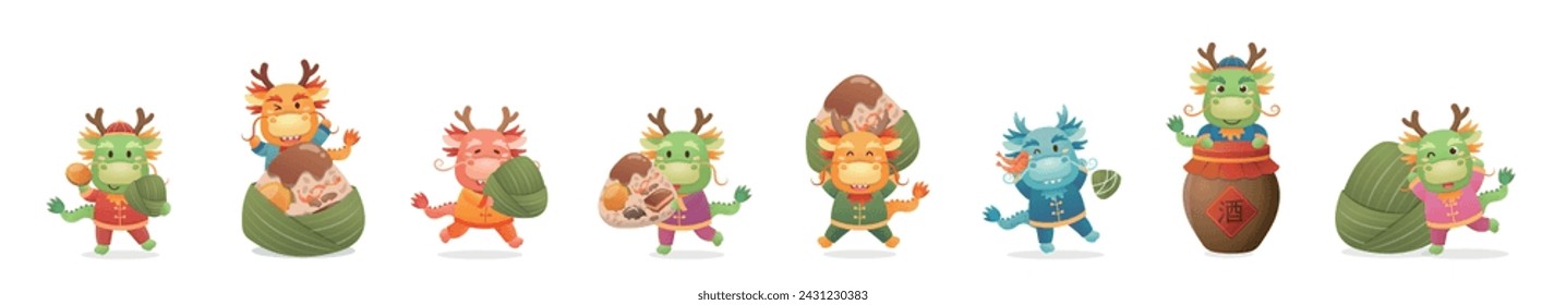 Chinese Dragon Boat Festival, mythological stories and legends, zodiac sign dragon and rice dumplings, vector illustration, Chinese translation: wine
