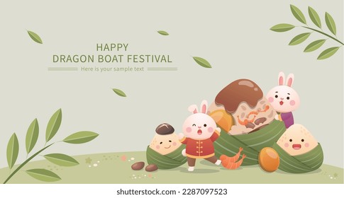 Chinese dragon boat festival, poster with cute rabbit and zongzi mascot