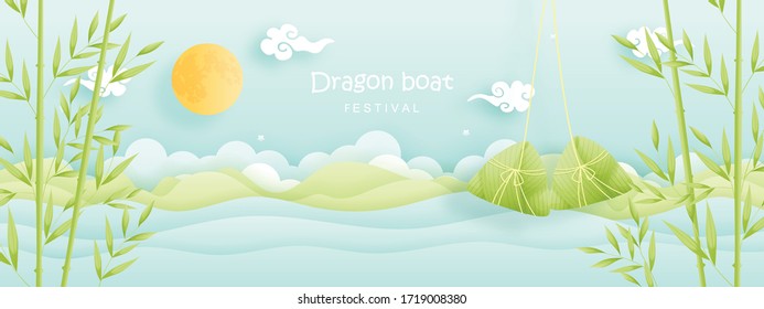Chinese Dragon boat festival with rice dumplings and bamboo leaf, river. Paper cut vector illustration.