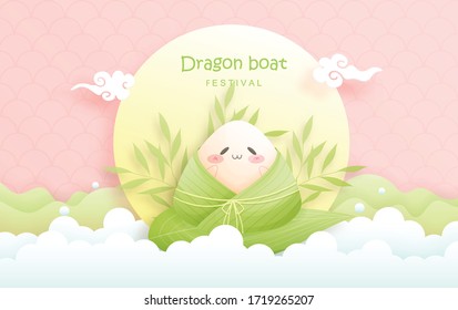 Chinese Dragon boat festival with rice dumplings, cute character design vector illustration.