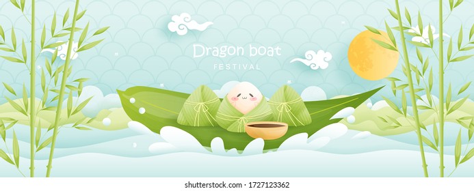 Chinese Dragon boat festival with rice dumplings, cute character design vector illustration.