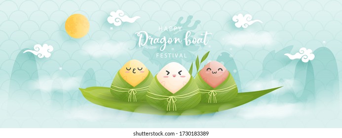 Chinese Dragon boat festival with rice dumplings, vector illustration.