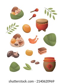 Chinese Dragon Boat Festival traditional elements: zongzi with drum and wine with bamboo leaves, delicious glutinous rice food with egg yolk, shrimp, shiitake mushroom, chestnut, peanut, pork, isolate