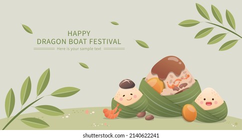 Chinese Dragon Boat Festival traditional food: Zongzi, glutinous rice wrapped in bamboo leaves, green horizontal poster or greeting card