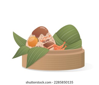 Chinese Dragon Boat Festival traditional food Zongzi, glutinous rice food wrapped in bamboo leaves and steamer