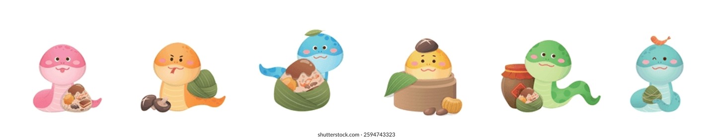 Chinese Dragon Boat Festival traditional food Zongzi, steamed glutinous rice, snake mascot and cartoon character set