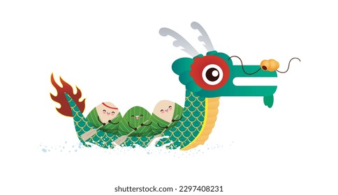 Chinese Dragon boat Race festival with rice dumplings, cute character design Happy Dragon boat festival on white background greeting card vector illustration 5th day of may