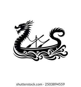 Chinese Dragon Boat Race Silhouette - Black and White Vector Art for Festivals and Events