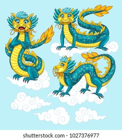Chinese dragon character and clouds hand drawn illustration. Set of three poses