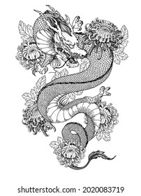 Chinese dragon with chrysanthemum flowers hand drawn vector illustration. Tattoo print. Hand drawn sketch illustration for t-shirt print, fabric and other uses.