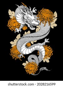 Chinese dragon with chrysanthemum flowers hand drawn vector illustration. Tattoo print. Hand drawn sketch illustration for t-shirt print, fabric and other uses.