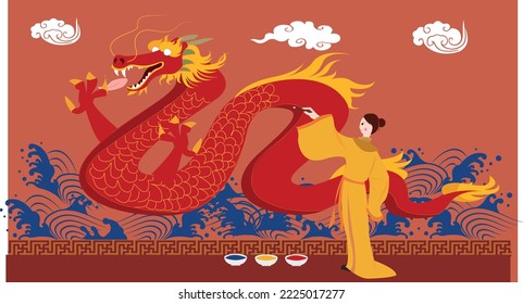 Chinese Dragon - Classical Chinese Story: Drawing Eyes for the Dragon - Flat Vector Illustration