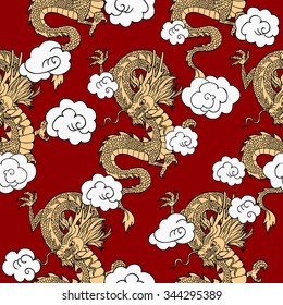  chinese Dragon and clouds on a red background. Vector seamless pattern