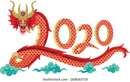 Chinese dragon clouds with red golden outline drawing. Chinese new year. Card poster banner or postcard. Mythological creature sketch. Design element. falt vcetor