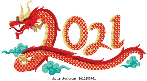 Chinese dragon clouds with red golden outline drawing. Chinese new year. Card poster banner or postcard. Mythological creature sketch. Design element. falt vcetor